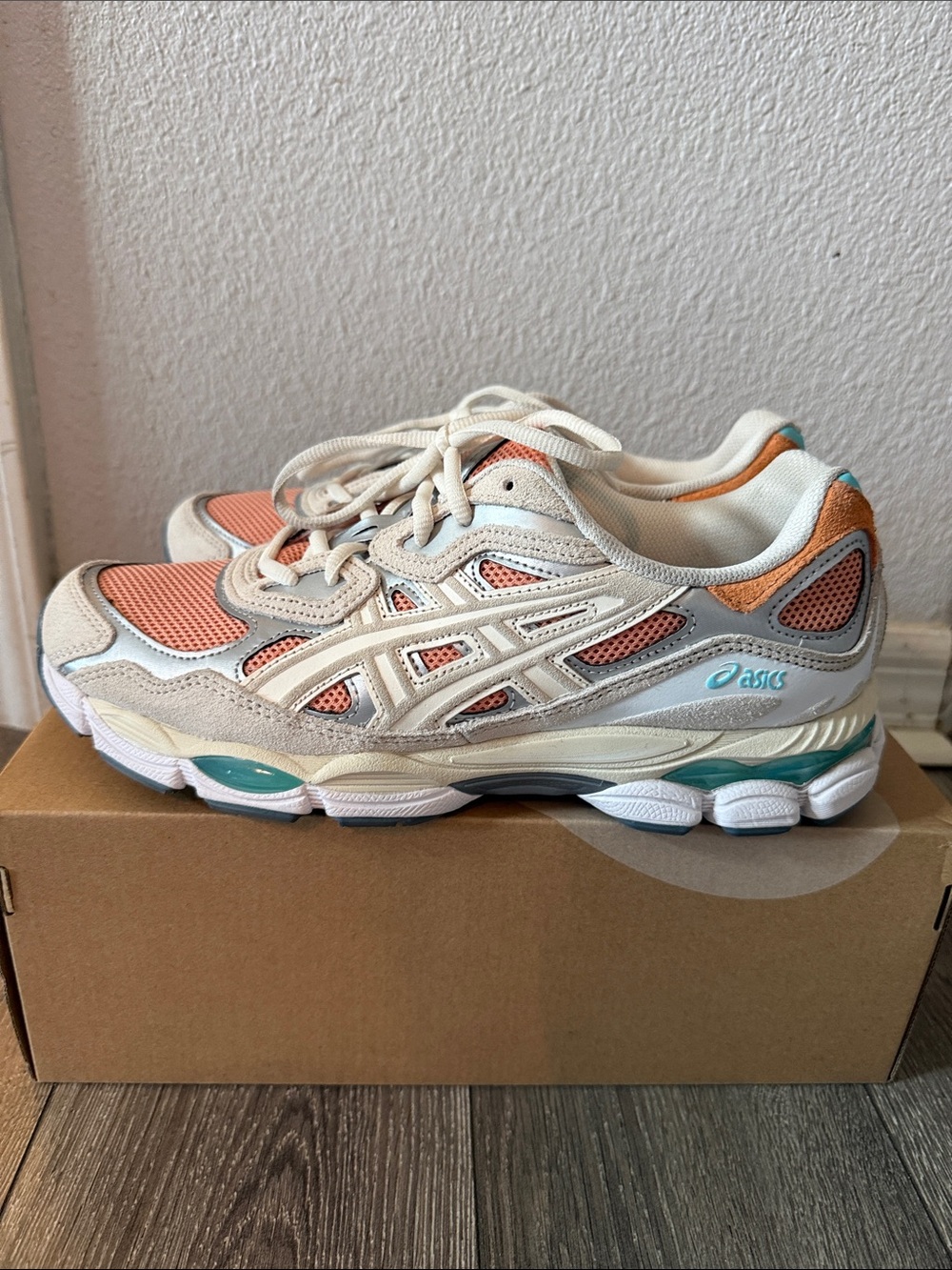 ASICS Gel-NYC. Coral, Cream, and Teal Athletic Sneakers